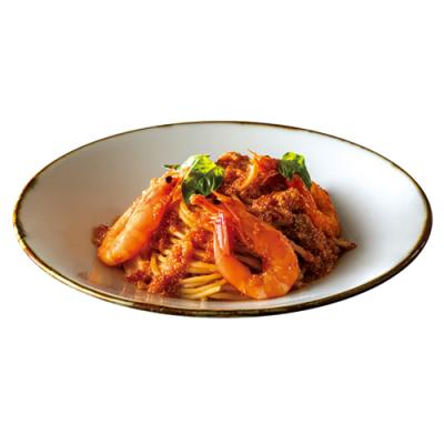 ８０”ぷちぷちたらこ”と有頭海老のトマトソース