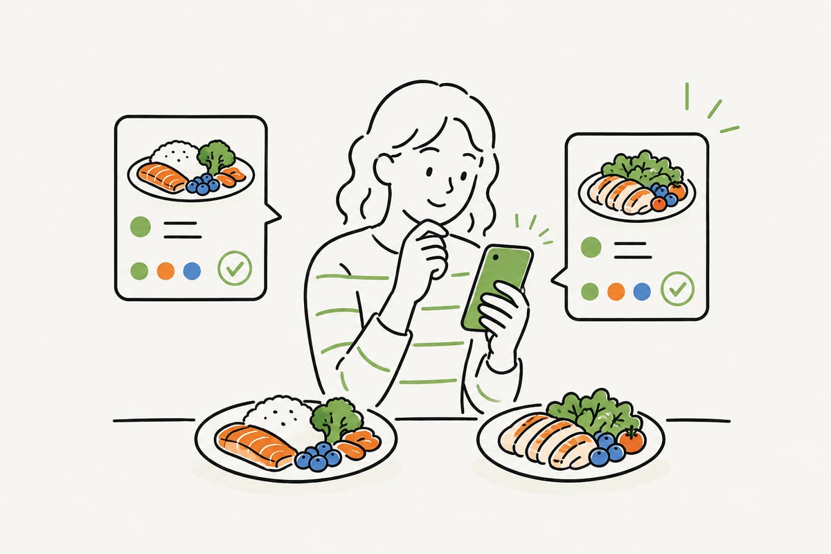 お客様が2つの料理の栄養をスマホで見比べている挿絵