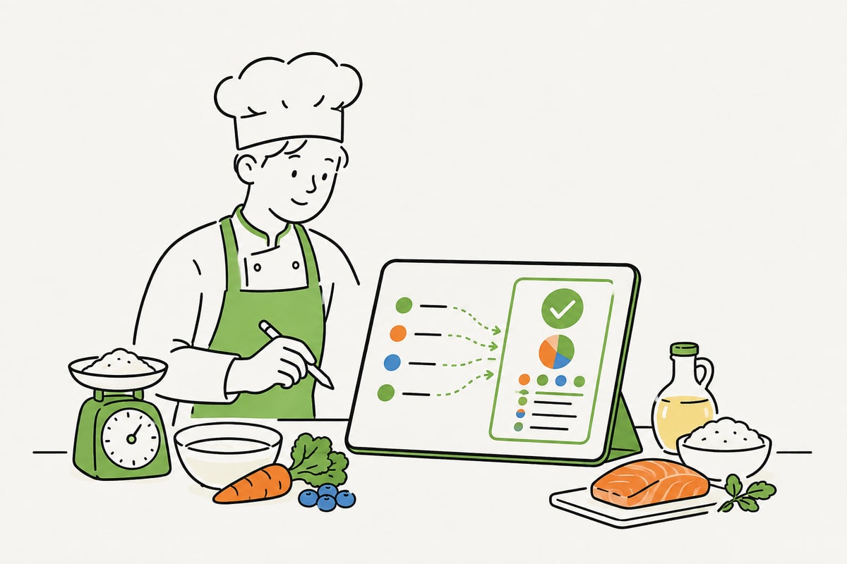 Illustration of a chef entering a menu item's nutrition values on a tablet
