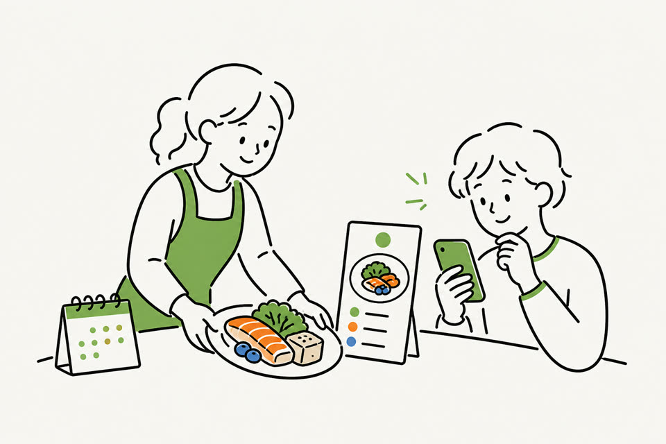 Illustration of a staff member serving a new menu item while a customer checks nutrition information on a smartphone