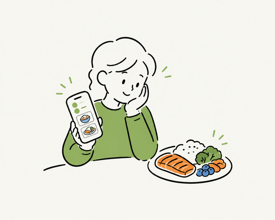 Illustration of a customer checking menu nutrition information on a smartphone